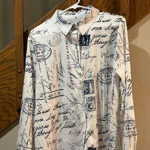Script Postcard Print Button Down Blouse XXL Paris Letter Print